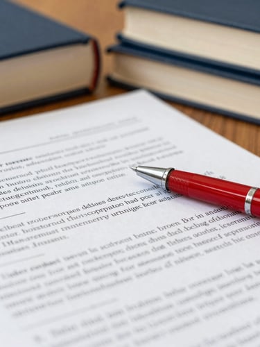 Close-up of peer-reviewed manuscript markups with a red pen, scholarly books in the background, warm library light