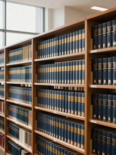 Editorial photography of a modern university library archive, soft natural daylight streaming through high windows, rows of bound academic journals on wooden shelves, deep navy and gold tones, sharp focus, 35mm lens
