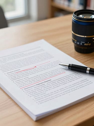 Editorial academic photography, close-up of a printed scientific manuscript with red pen markups on a clean wooden desk, bright natural library light, sharp focus, 35mm lens