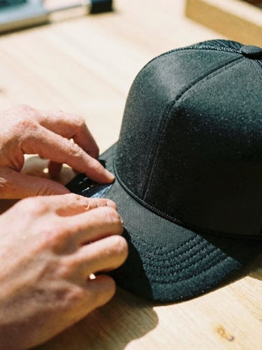 Close-up of hands pressing a DTF-transfer onto a black mesh trucker hat, warm direct sunlight, gritty film texture, wooden work bench background