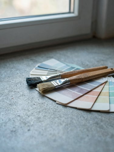 Soft natural window light illuminating a neatly arranged set of painting tools, wooden brushes, and paint swatches on a concrete floor, muted blue tones, shallow depth of field, 35mm