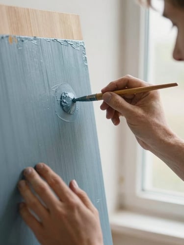 A close-up of a man's hands carefully painting a wood panel with slate blue paint, soft natural window light, muted tones, shallow depth of field, 35mm