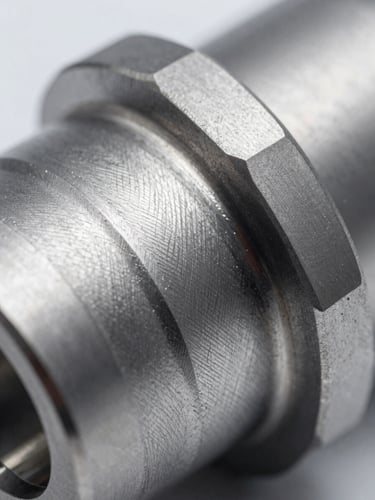 Close-up macro shot of a freshly machined metal part, visible intricate toolpaths, cool metallic tones, high-contrast studio lighting, sharp details.