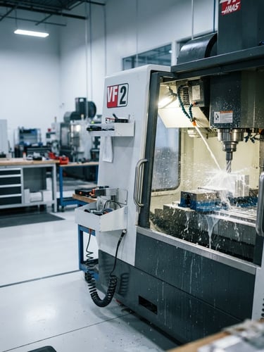 Wide shot of a Haas VF2 CNC machining center in action, coolant spray, cool industrial lighting, highlighting metallic textures and sharp edges, clean workshop floor, right third.
