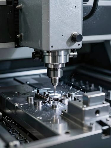 Primer plano de un centro de mecanizado CNC Haas VF2 en acción, con virutas de metal brillante y refrigerante, bajo una iluminación industrial nítida, enfoque macro en el cabezal de corte, tonos metálicos fríos.
