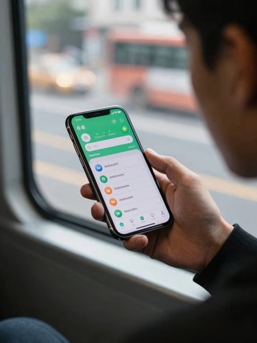 Over-the-shoulder view of a person on a commute holding an Android phone mid-use, natural ambient light from a window, app interface visible on screen, urban environment blurred in background