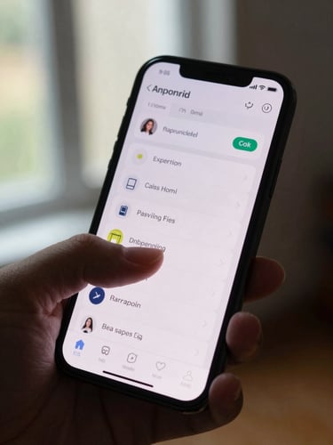 Close-up of an Android phone held in one hand, app interface visible on screen mid-interaction, natural indoor window light, tight crop showing the device and a thumb on the display, authentic home setting blurred behind