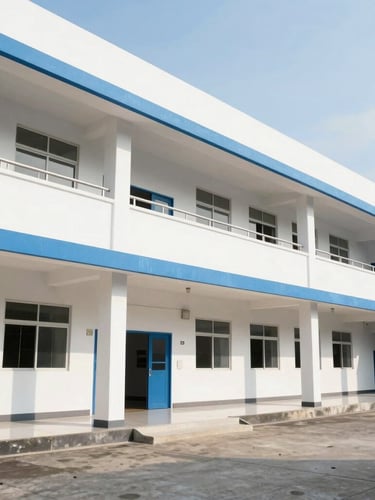Bright editorial photography of the exterior of a modern Indonesian school building with clean white walls and blue accents, morning sun casting soft shadows, wide shot, 35mm lens