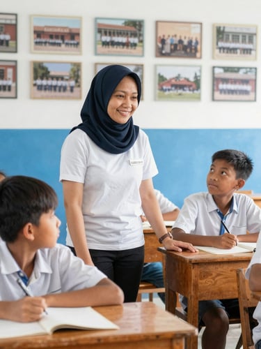 A warm, natural light portrait of an Indonesian teacher guiding students in a classroom with wooden desks, historical school photos visible on the back wall, 35mm lens