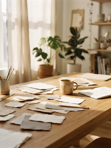 A sunlit, minimalist creative studio with natural oak furniture, tactile paper samples scattered on a table, soft shadows, warm editorial photography.