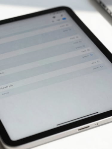 Extreme close-up of a sleek digital tablet displaying a clinical routing interface, crisp cool daylight, sharp shadows, sterile white background