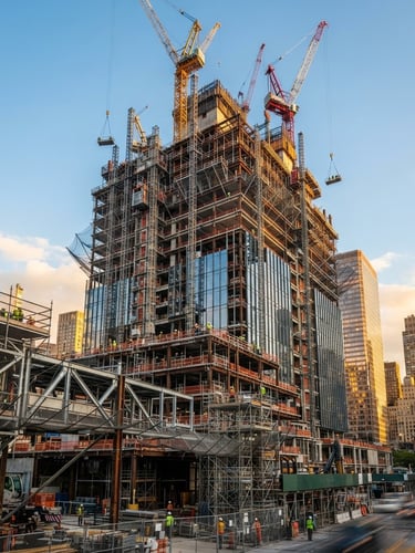 Wide shot of a modern high-rise building under construction at golden hour, with cranes and scaffolding, viewed from a slight low angle, bright architectural daylight.