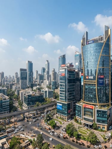 Wide panoramic view of modern corporate buildings in a bustling Indian financial district, sharp focus, architectural depth of field, bright natural daylight, corporate navy and gold accents, with a clear sky, right third composition.