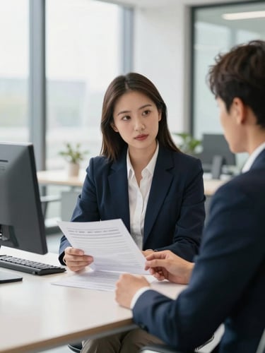 Focused professional consultation, a financial advisor reviewing documents with a client in a modern office, bright natural daylight, architectural depth of field