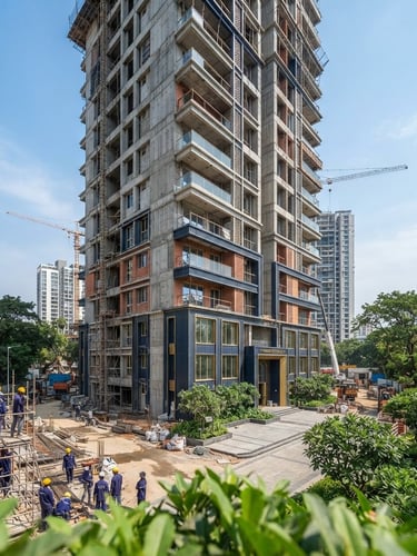 Modern Indian residential building under construction, bright daylight, architectural depth of field, focused on the structure with some green landscaping, corporate navy and gold accents