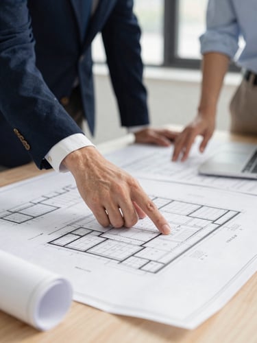 Medium close-up of an architect's hand pointing at a detailed blueprint on a large table, with other team members blurred in the background, bright natural daylight.
