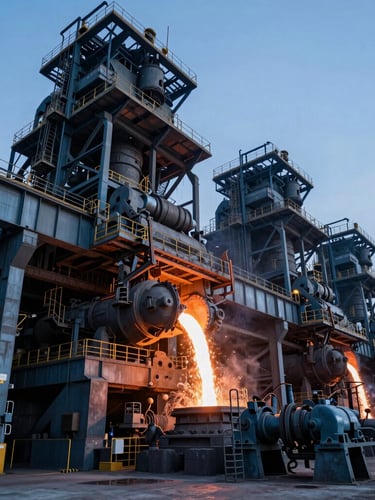 Dramatic industrial photography, high-contrast cool daylight, deep blue and slate tones, wide-angle lens, sharp details, massive steel mill interior with molten metal pouring, heavy machinery, low angle, industrial scale