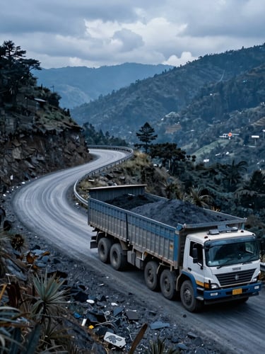 Wide-angle shot of a heavy transport truck loaded with minerals, navigating a winding mountain pass in Meghalaya, dramatic overcast daylight, deep blue and slate tones