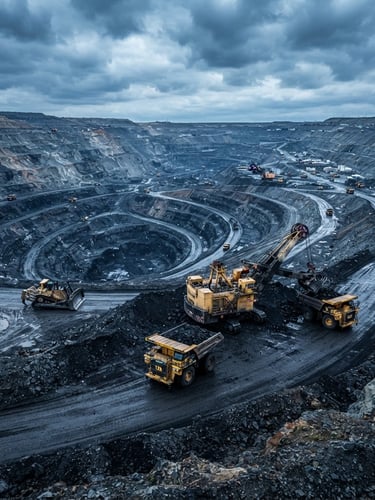Wide panoramic shot of heavy machinery extracting coal from an open-pit mine, dramatic overcast daylight, high-contrast cool tones, deep blue and slate, sharp details.