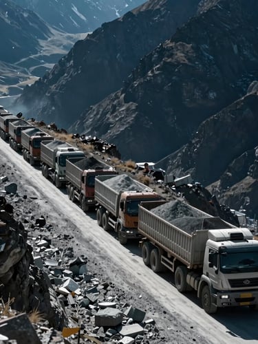 Wide-angle shot of a long convoy of heavy-duty trucks, laden with industrial minerals, moving through a rugged Himalayan mountain pass, high-contrast cool daylight, deep blue and slate tones, sharp details.