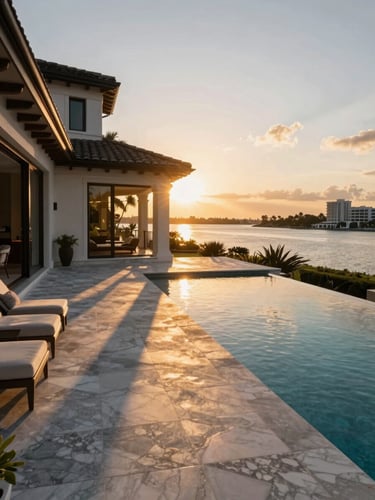 Wide-angle architectural photography of a luxury South Florida estate terrace at sunset, looking out over the Miami waterfront, warm golden-hour light reflecting on a private pool, deep elegant shadows, marble flooring, 35mm lens.