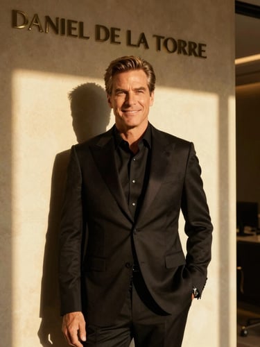 Editorial portrait of luxury lender Daniel De La Torre in a high-end Miami office, warm golden-hour light, sharp shadows, rich black and gold tones, 35mm architectural lens