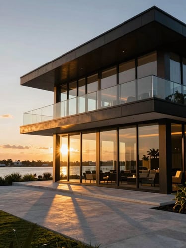 Wide-angle architectural shot of a modern luxury waterfront villa in Miami at golden hour, floor-to-ceiling glass windows reflecting the sunset, warm lighting, deep shadows