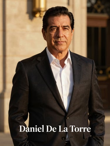Editorial portrait of lender Daniel De La Torre, warm golden hour lighting, rich black and gold tones, 35mm lens.