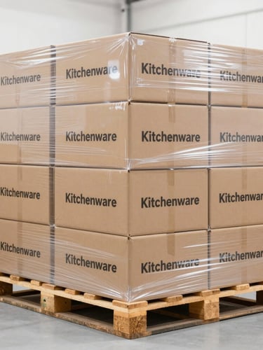 Bright commercial photograph of a stack of sturdy cardboard boxes labeled 'Kitchenware' on a wooden pallet, shrink-wrapped, in a clean warehouse aisle, high-key lighting, industrial B2B aesthetic, 50mm lens.