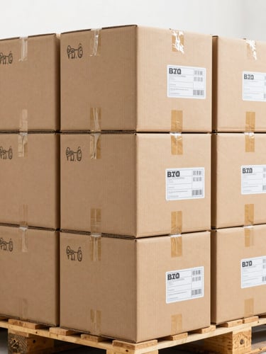 Close-up of neatly stacked cardboard shipping boxes, some with toy branding, on a pallet in a clean warehouse, clear shipping labels, bright commercial photography, high-contrast.