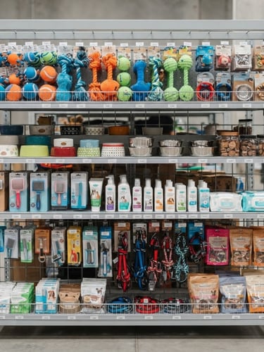 Bright commercial photography of neatly organized pet toys, food bowls, and grooming accessories on a clean warehouse shelf, high-key lighting, neutral background, straight-on medium shot.