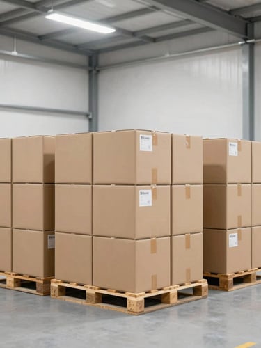 Wide shot of a clean, organized UK warehouse interior with neatly stacked pallets of cardboard shipping boxes, bright overhead lighting, industrial B2B aesthetic.