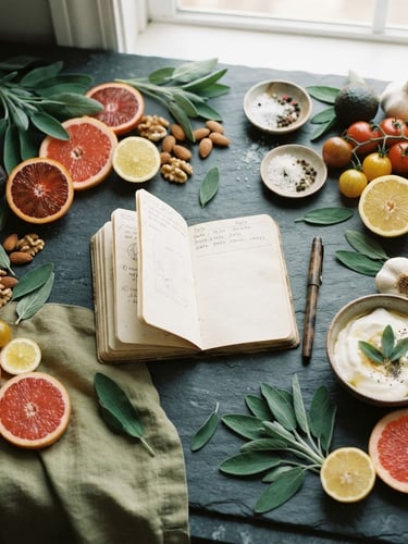 Overhead flat lay of fresh organic whole foods, deep green sage leaves, sliced citrus, and clinical journal on a clean slate counter, soft natural daylight, 35mm