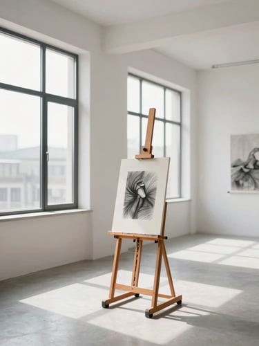 A minimalist art studio with large windows, natural daylight, clean walls, a single easel holding a high-contrast charcoal drawing, 35mm