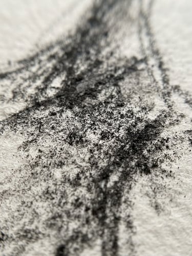 Macro shot of charcoal sketching on high-texture cold-press paper, sharp focus on the carbon particles, bright natural daylight, minimalist gallery aesthetic, 35mm
