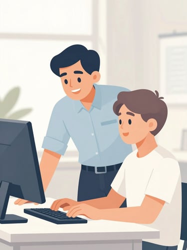 A warm-lit photograph of a friendly instructor sitting next to an older student, guiding them patiently at a computer screen, bright soft daylight