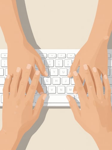 Top-down overhead shot of hands typing comfortably on a simplified, high-contrast physical keyboard, warm natural daylight, clean geometric lines