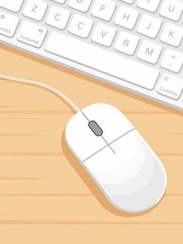 Overhead flat lay of a friendly, clean workspace. A simple computer mouse and keyboard sit on a warm wooden table, illuminated by soft natural daylight. Flat vector illustration with clean geometric lines, high contrast, and soft friendly colors.