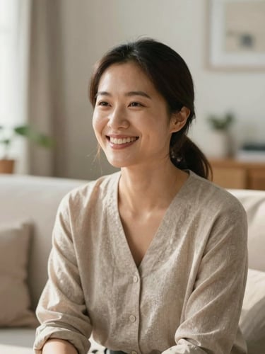 A candid portrait of a female behavioral therapist smiling warmly in a sunlit living room, soft natural home daylight, gentle earth tones, shallow depth of field.