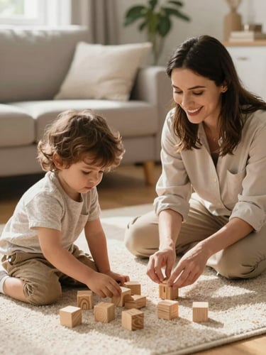 Medium environmental shot of a friendly therapist and a young child playing with wooden blocks on a sunny living room rug, soft natural home daylight, warm earth tones, shallow depth of field