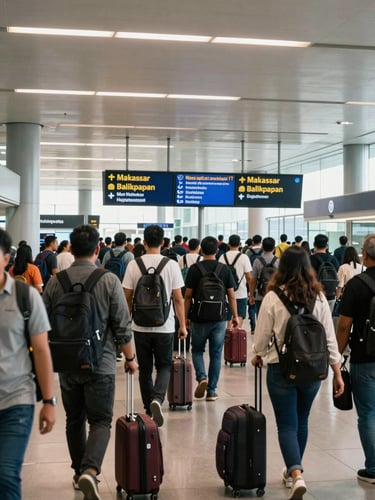 Wide shot inside a busy Indonesian airport terminal departure gate, travelers with bags navigating a crowded corridor, destination boards showing Makassar and Balikpapan, natural fluorescent and daylight mix, documentary framing, no staging