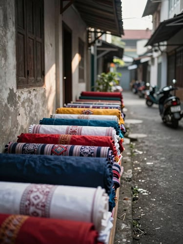 Close-up of a narrow alley in Bandung's textile district, afternoon light filtering between shophouse walls, bolts of fabric stacked against weathered concrete, a motorbike partially visible at the far end, shot at street level