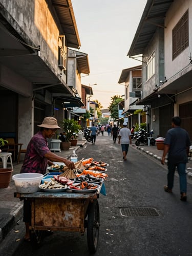 Wide environmental shot of a narrow street in Makassar at golden hour, a local vendor arranging seafood on a wooden cart to the left foreground, warm amber light raking across concrete facades, pedestrians blurred in motion in the background, documentary style, no filter