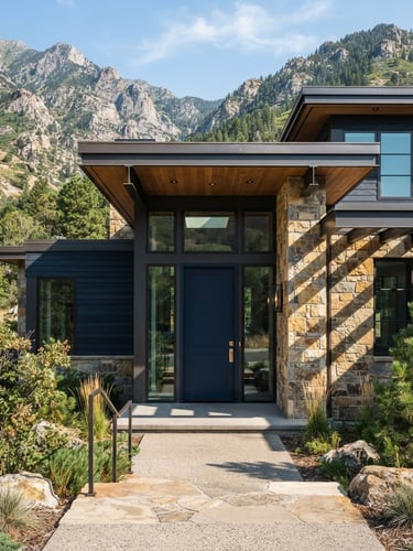 Crisp architectural detail of a high-end mountain home in Cottonwood Heights, bright natural daylight, clean sharp shadows, deep navy and warm gold tones, sharp focus, 35mm