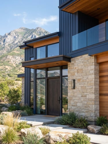 Crisp architectural detail of a modern Utah estate exterior, clean lines, stone facade, bright mountain daylight, sharp focus.
