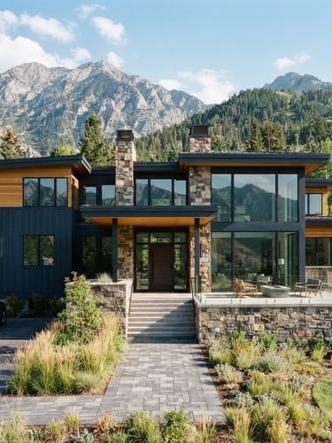 Crisp architectural photography of a modern high-end mountain estate exterior in Cottonwood Heights, bright natural daylight, sharp focus, clean lines, 35mm