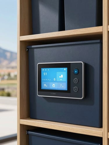Structured detail shot of an impeccably organized utility room and home automation panel inside a luxury Utah residence, clean lines, bright daylight, 35mm