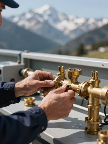 A structured close-up of a technician's hands adjusting a brass manifold in a clean, organized utility room, bright natural mountain daylight, sharp focus.