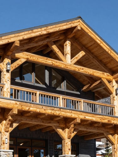 Wide panoramic view of a modern mountain home's timber and steel beams, architectural precision, sharp shadows, bright daylight.