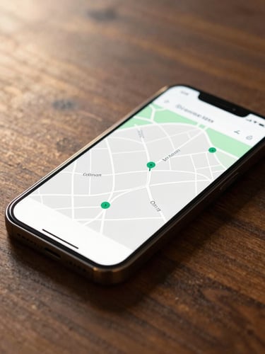 A high-end smartphone displaying an elegant minimalist map interface with clean route lines, resting on a polished dark wood table, soft golden hour light, shallow depth of field, 35mm.